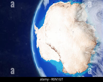 Antarktis vom Platz auf Modell des Planeten Erde mit Ländergrenzen und sehr detaillierten Planeten und Wolken. 3D-Darstellung. Elemente dieser Ima Stockfoto