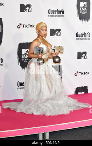 Nicki Minaj Teilnahme an der MTV European Music Awards 2018 an der Bizkaia Arena am November 4, 2018 in Bilbao, Spanien. Stockfoto