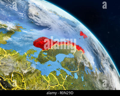 Norwegen von Speicherplatz auf realistisches Modell des Planeten Erde mit Ländergrenzen und detaillierte Planeten und Wolken. 3D-Darstellung. Elemente im Stockfoto