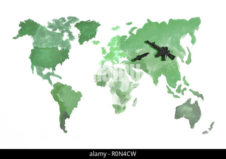 Die Weltkarte ist mit farbigen Aquarellfarben auf weißem Papier mit der Teilnahme von einem schwarzen Spielzeug Pistole und einem Messer. Das Konzept der militärischen Ope Stockfoto