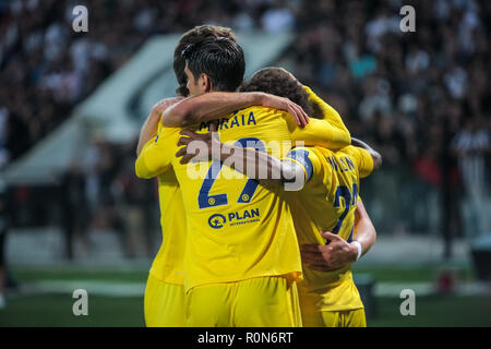 Thessaloniki, Griechenland - Sept 20, 2018: Die Spieler des FC Chelsea sie Feiern während der UEFA Europa League zwischen PAOK vs FC Chelsea spielte bei Toumb Stockfoto