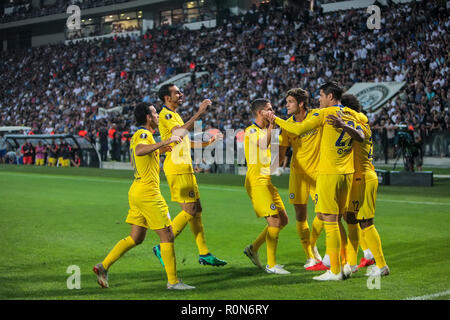 Thessaloniki, Griechenland - Sept 20, 2018: Die Spieler des FC Chelsea sie Feiern während der UEFA Europa League zwischen PAOK vs FC Chelsea spielte bei Toumb Stockfoto