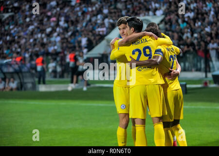 Thessaloniki, Griechenland - Sept 20, 2018: Die Spieler des FC Chelsea sie Feiern während der UEFA Europa League zwischen PAOK vs FC Chelsea spielte bei Toumb Stockfoto