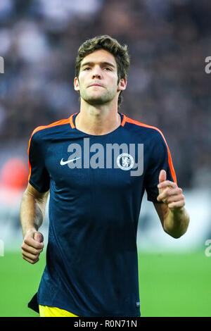 Thessaloniki, Griechenland - Sept 20, 2018: Die Spieler des FC Chelsea Marcos Alonso in Aktion während der UEFA Europa League zwischen PAOK vs FC Chelsea an Tou gespielt Stockfoto