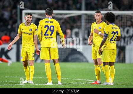 Thessaloniki, Griechenland - Sept 20, 2018: Die Spieler des FC Chelsea sie Feiern während der UEFA Europa League zwischen PAOK vs FC Chelsea spielte bei Toumb Stockfoto