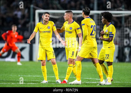 Thessaloniki, Griechenland - Sept 20, 2018: Die Spieler des FC Chelsea sie Feiern während der UEFA Europa League zwischen PAOK vs FC Chelsea spielte bei Toumb Stockfoto