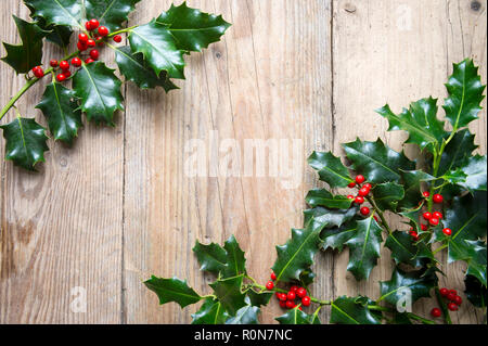 Saisonale Hintergrund der glänzenden grünen Weihnachten Holly mit leuchtend roten Beeren framing eine Diagonale von verwittertes Holz Kopie Raum Stockfoto