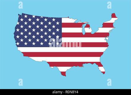 Vereinigte Staaten von Amerika Karte mit USA-Flagge. Alle Objekte, Schatten und Hintergrund sind in verschiedenen Schichten. Stock Vektor