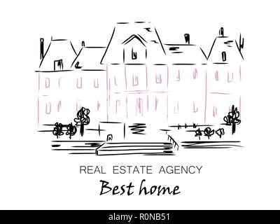 Skizze der Stadt stehendes Haus, Einfamilienhäuser mit Bäumen. Hand cartoon Vector Illustration gezeichnet. Logo für Immobilien Agentur, Silhouette von Th Stock Vektor