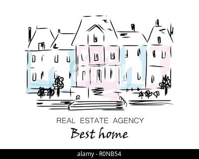 Skizze der Stadt stehendes Haus, Einfamilienhäuser mit Bäumen. Hand cartoon Vector Illustration gezeichnet. Logo für Immobilien Agentur, Silhouette von Th Stock Vektor