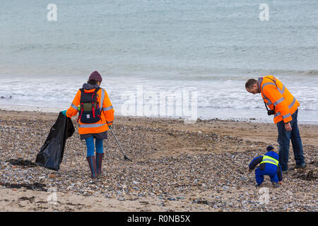 Wessex Water Freiwilligen tun Strand in Swanage Strand sauber, Dorset Großbritannien im November Stockfoto