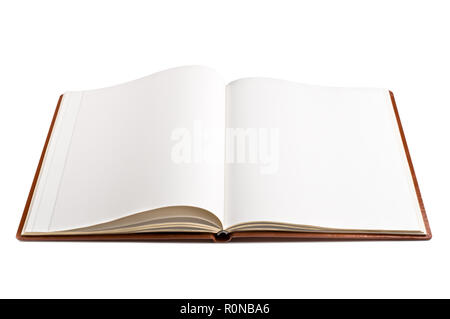 Ein offenes Buch mit leeren weißen Seiten. Auf weissem Hintergrund. Stockfoto