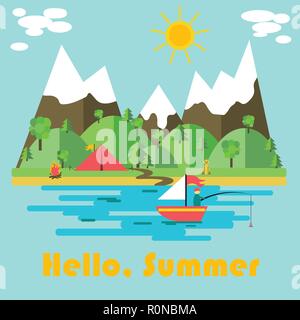 Sommer hell und positive Art Plakat mit Hallo Sommer Inschrift auf blauem Hintergrund mit Blick auf das Meer, Boot, Wald und Zelt. Vector Illustration Stock Vektor