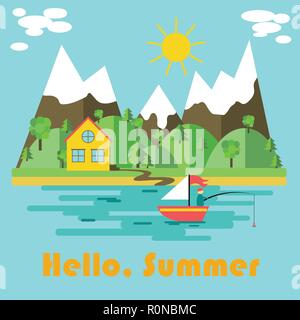 Sommer Natur Poster mit Hallo Sommer Inschrift auf blauem Hintergrund mit Blick auf das Meer. Vector Illustration Stock Vektor