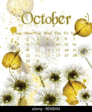 Herbst Oktober Kalender mit goldenen Blätter Vektor. Herbst aquarell Stil. Stock Vektor