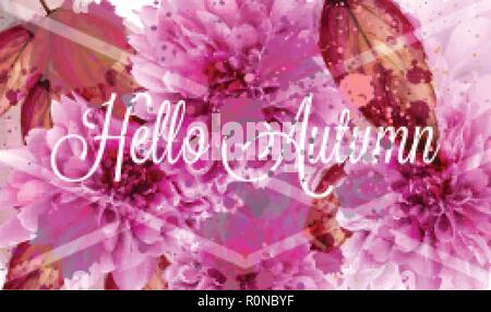 Hallo Herbst pink daisy flowers Vektor banner Aquarell Stil. Stock Vektor