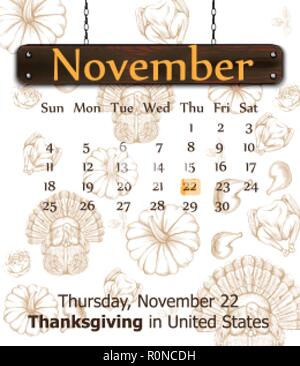 Thanksgiving Day Kalender Vektor. Die Türkei, Kürbisse Hintergrund lineart ausführliche Darstellung Stock Vektor