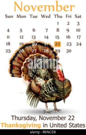 Thanksgiving Day Kalender Hintergrund Vektor. Türkei vogel Aquarell ausführliche Darstellung Stock Vektor