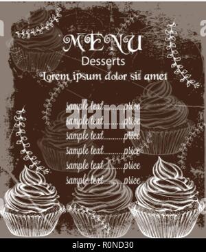 Menü Karte Vorlage Getränke und Kuchen Vektor. Frischen Kaffee, Muffins, Design Line Art Stock Vektor