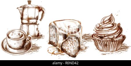 Menü Karte Vorlage Getränke und Kuchen Vektor. Frischen Kaffee, Muffins, Design Line Art Stock Vektor