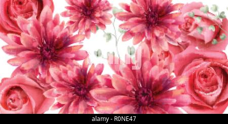 Frühling Rosen und daisy flowers Banner aquarell Vektor. Schöne vintage Pastellfarben florales Dekor Stock Vektor