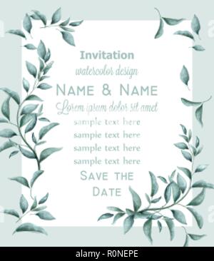 Einladungskarte mit grünen Zweigen aquarell Vektor. Schöne vintage Pastellfarben florales Dekor Rahmen Stock Vektor