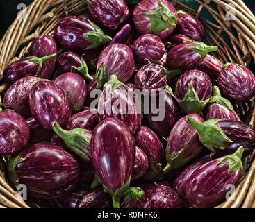 Auberginen in einem Korb an der Farmers Market Stockfoto