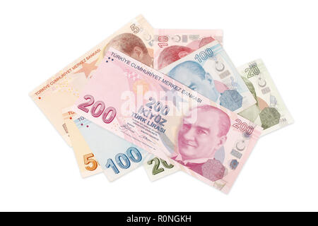 Türkische Lira alle Banknoten gemischt auf Weiß Stockfoto