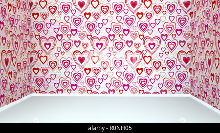Wände mit roten Herzen und weißen Stock. Leeren Raum. 3D-Rendering Stockfoto