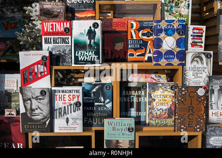 Eine Auswahl von Büchern über die Anzeige im Fenster von Waterstones Buchhandlung an der Princes Street, Edinburgh, Schottland, Großbritannien. Stockfoto