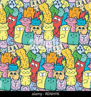 Lustige doodle Katzen und Kätzchen nahtlose Muster für Drucke, Designs und Malbücher. Vector Illustration Stock Vektor