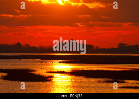 Sonnenuntergang in Pagham Harbour, lokale Naturschutzgebiet, UK. Stockfoto