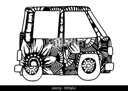 Hippie vintage car Mini Van. Durch die von der Skizze trace gemacht. Monochromen Vector Illustration. Stock Vektor