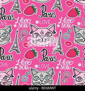 Katze Liebe in Paris. Schriftzug Hand gezeichnet nahtlose Muster. Eiffelturm und Erdbeere Aufkleber. Vector Illustration isoliert auf einem rosa Hintergrund. Stock Vektor