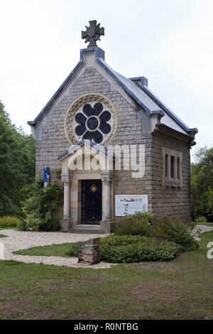 "Unsere Liebe Frau von Europa' Kirche, erbaut auf dem Gelände des 'lost Village" in Fleury Devant Douaumont, während der Schlacht von Verdun, Frankreich zerstört. Stockfoto