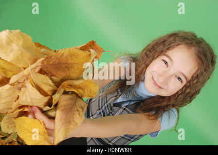 Herbst. Junges Mädchen hält Herbst gelbe Blätter. Süße Mädchen in Schuluniform. Herbst Zeit. Saison und Herbstferien. Auf grünem Hintergrund isoliert Stockfoto