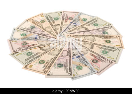 Mandala Kaleidoskop von Geld. Abstrakte Geld Hintergrund raster Muster wiederholen Mandala Kreis. Stockfoto