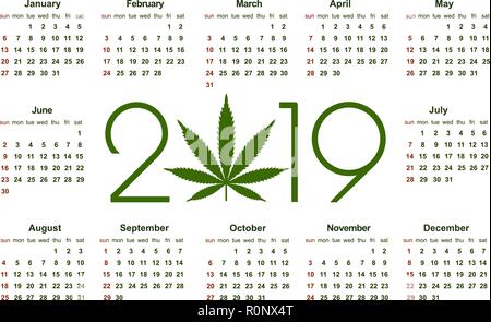 Marihuana Kalender für 2019. Die medizinische Verwendung von Cannabis. Einfachen Vektor Vorlage. Briefpapier Design Vorlage. Isolierte Vector Illustration auf weißem Hintergrund. Stock Vektor