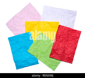Rot, Gelb, Blau, Grün, Pink, Weiß zerknittertes Blatt Papier Stockfoto