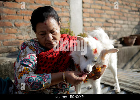 Eine nepalesische Frau gelten Girlande Blume und Vermillion Pulver zu Ihrem Hund während des KUKUR TIHAR oder Hund Gottesdienst Tag. Nach der hinduistischen Tradition Hunde sind die Boten des Yamraj, den Gott des Todes. Hunde sind verehrt, ihre Rolle bei der Bereitstellung von Sicherheit und Menschen bester Freund, auf den wichtigsten Hindu festival Tihar, das auch für die Verehrung der Göttin des Reichtums Laxmi gewidmet zu bestätigen. Stockfoto