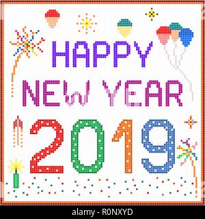 Neues Jahr 2019 pixel Nachricht - 2019 Neues Jahr Nachricht mit Ballons und Feuerwerk. Quadratische Pixel in verschiedenen Farben verwendet wurden. Stock Vektor