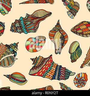 Zentangle stilisierte Meer cockleshell nahtlose Muster. Hand gezeichnet Aquatische doodle Vector Illustration. Skizze für eine Tätowierung oder makhenda. Seashell Sammlung Stock Vektor