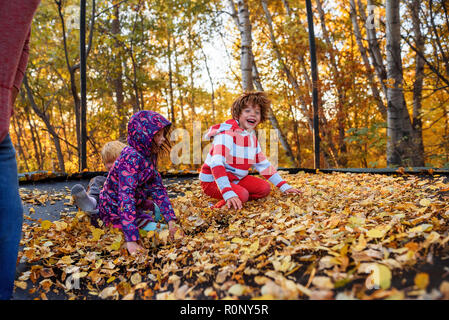 Drei Kinder mit ihrem Vater das Springen auf einem Trampolin im Herbst die Blätter fallen, United States Stockfoto