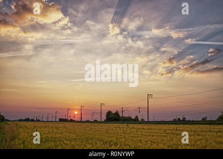 Stromleitungen in einer ländlichen Landschaft bei Sonnenuntergang, Ostfriesland, Niedersachsen, Deutschland Stockfoto