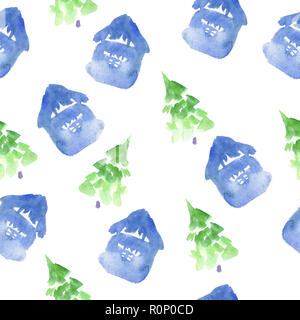 Nahtlose Muster mit Aquarell Häuser und Tannen auf weißem Hintergrund Stockfoto