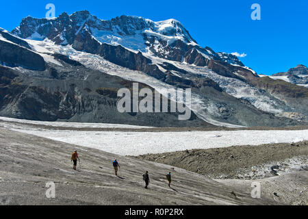 Gletscherwanderung auf dem Gornergletscher, Peak Breithorn und den Gletschern Breithorngletscher und Schwärzegletscher hinter, Zermatt, Wallis, Schweiz Stockfoto