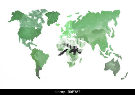 Die Weltkarte ist mit farbigen Aquarellfarben auf weißem Papier mit der Teilnahme von einem schwarzen Spielzeug Pistole und einem Messer. Das Konzept der militärischen Ope Stockfoto