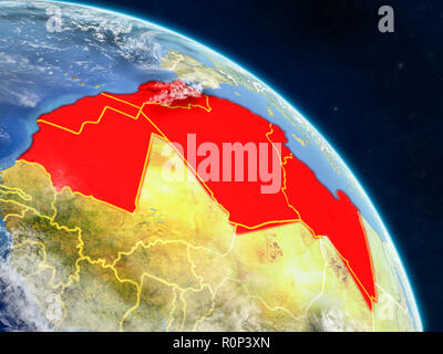 Maghreb aus dem Weltraum auf realistischen Modell der Erde mit Ländergrenzen und detaillierte Planeten und Wolken. 3D-Darstellung. Elemente der Stockfoto