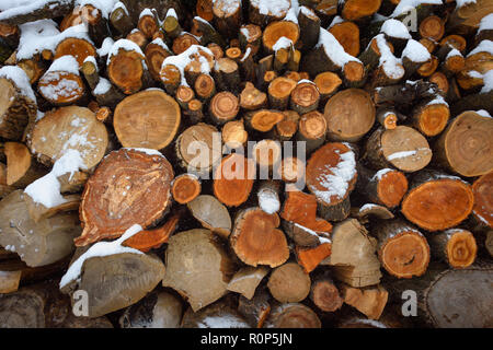 Gesichter der Protokolle im Winter. Woodpile Brennholz unter Schnee. Zusammenfassung Hintergrund Textur. Stockfoto