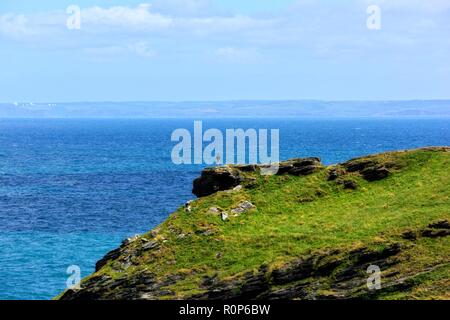 Ein Mann stand am Rand eines Felsens, Tintagel Castle Island Halbinsel, Cornwall, England, Großbritannien Stockfoto